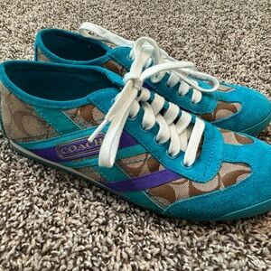 Coach Yolanda Lace Up Sneaker Shoes Teal Brown Purple Size 8.5